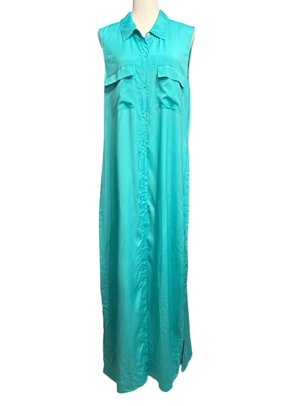 Victoria’s Secret Aqua Turquoise Sleeveless Maxi Button Shirt Dress XL Tall 0510